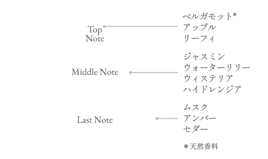 Top Note ベルガモット(天然香料)、アップル、リーフィ /Middle Note ジャスミン、ウォーターリリー、ウィステリア、ハイドレンジア /Last Note ムスク、アンバー、セダー