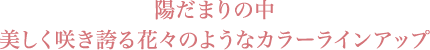 陽だまりの中 美しく咲き誇る花々のようなカラーラインアップ